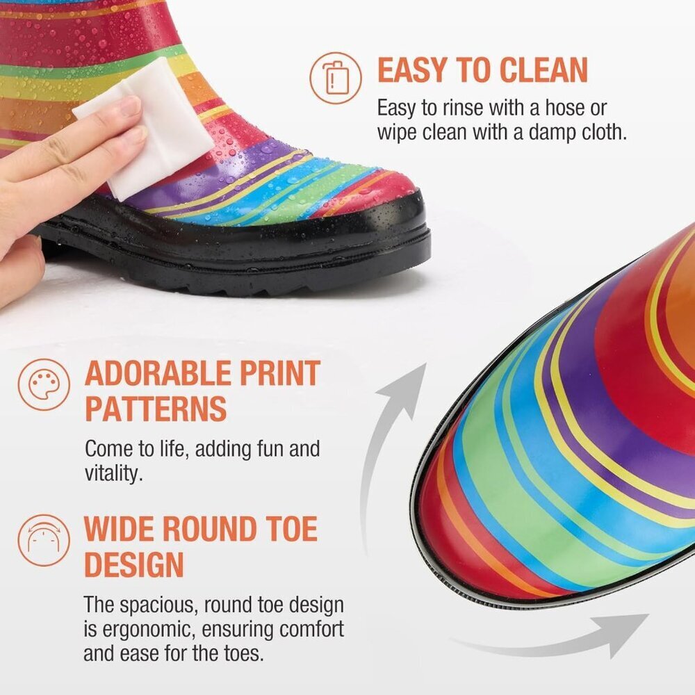 Women's Fashionable Waterproof Garden Mud Rubber Rain Rainbow Stripe Boots - Picture 5 of 9